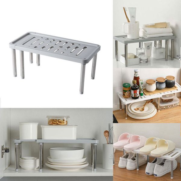 Expandable stackable kitchen cabinet organizers for counter, shelf, sink, pantry, and desktop storage