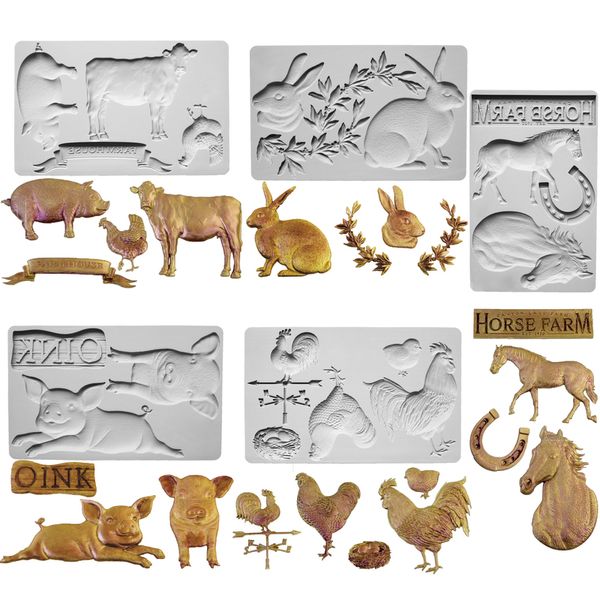 Farm animal silicone molds for fondant cakes, chocolate, and baking decorations featuring pigs, horses, rabbits, roosters, and chicks