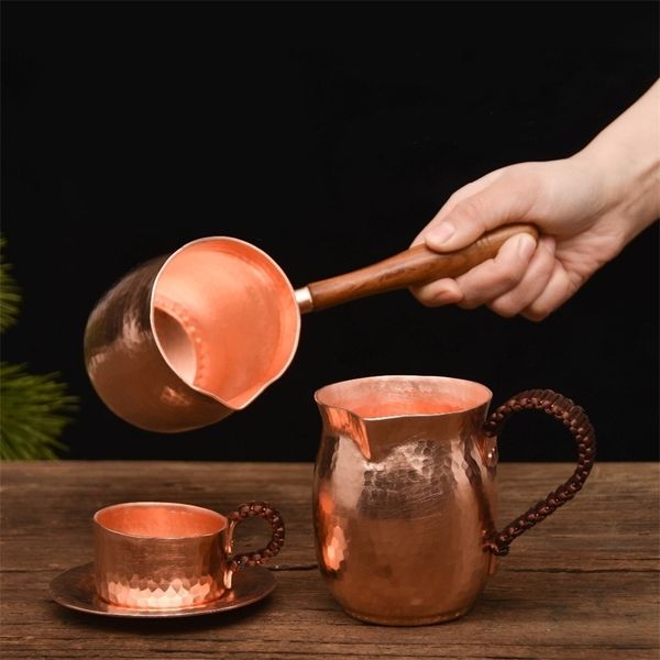 FeiC pure copper handmade coffee and tea set featuring a Turkish, Greek, or Arabic coffee pot with wooden handle, ideal for baristas, model T200111