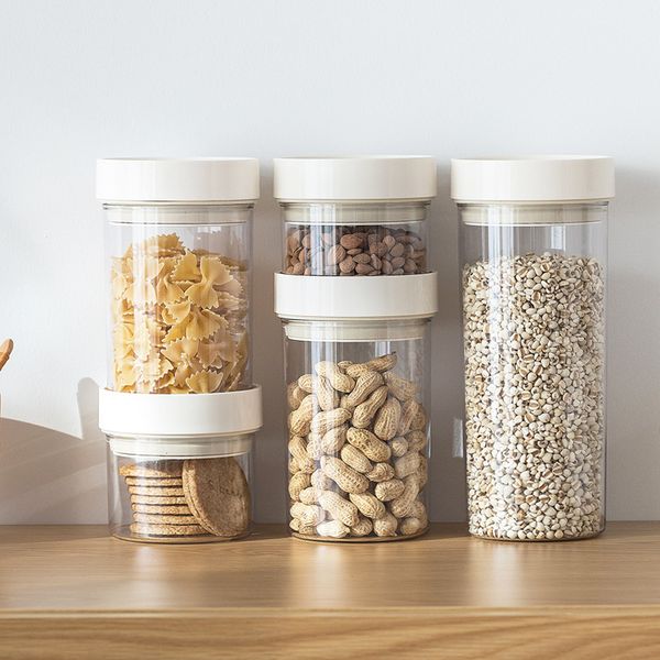 Food storage containers with clear covers for kitchen use, preserving food in sealed plastic jars