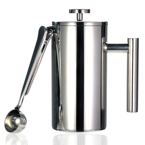 French Press Coffee Maker with double-walled 304 stainless steel to maintain temperature, includes sealing clip and spoon in three sizes
