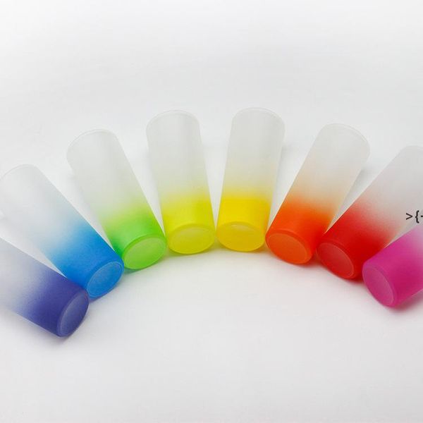 Frosted 3oz shot glasses with gradient colors featuring colorful heat transfer printed bottoms