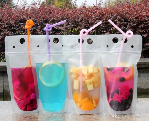 Frosted zipper stand-up plastic drinking bags with straw and holder, featuring reclosable heat-sealed pouches for clear beverages