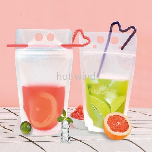 Frosted zippered stand-up drink pouches with straw and holder, heat-resistant and reclosable