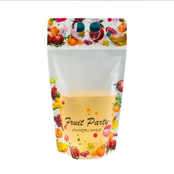 Frosted zippered stand-up plastic drink pouch with straw for fruit juice, milk tea, and other beverages