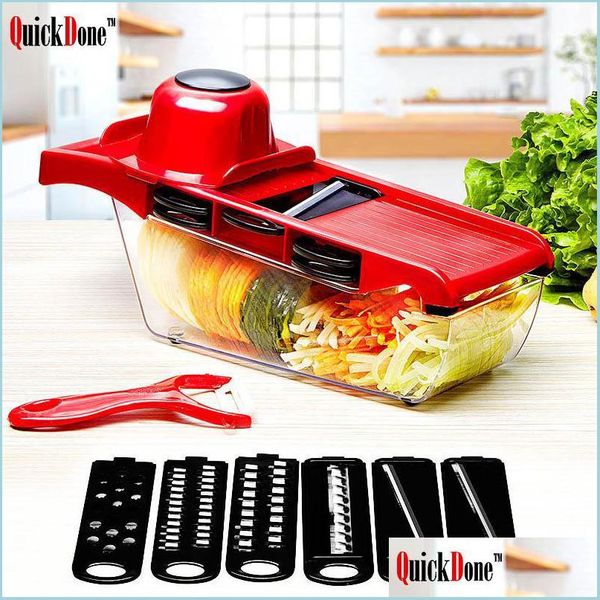 Fruit and veg slicer with stainless steel blade for manual peeling, grating, and dicing