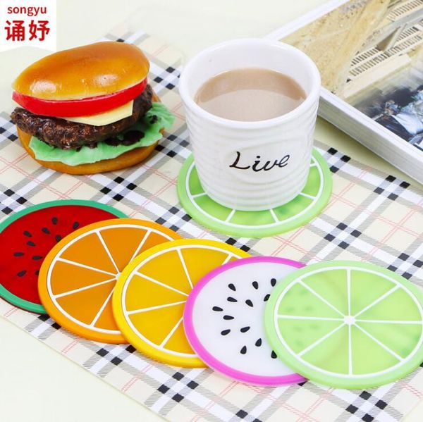 Fruit-patterned silicone coasters, colorful round mats for cups, thick drink holders, tableware mug pads