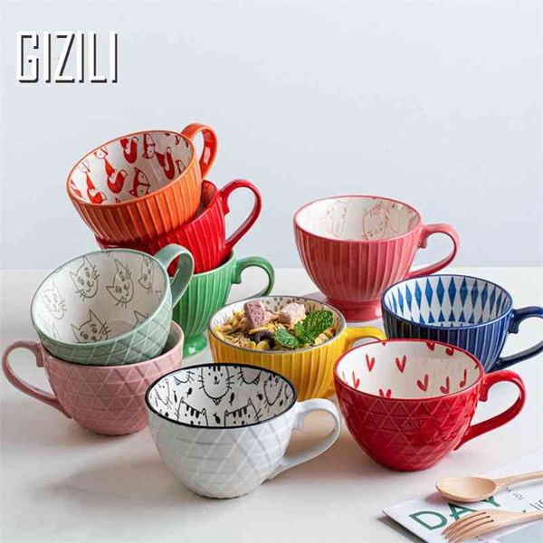 GIZILI Ceramic Mugs Coffee Cup Breakfast Cereal Cute Ceramic Cup Milk Household Large Capacity Oatmeal Mug Drinkware Home Decor 210804