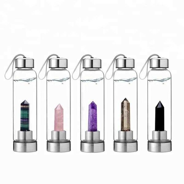 Glass water bottle with quartz crystal infuser for energy and healing
