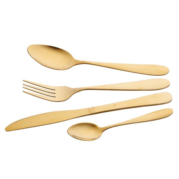 Gold silver cutlery set including knife, fork, and spoon for travel dining