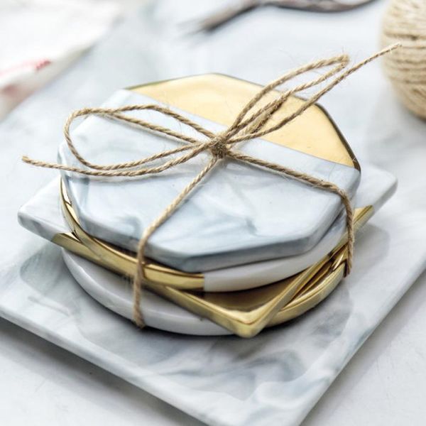 Gold-plated marble-pattern ceramic coasters, set of 4 for tea and coffee tableware