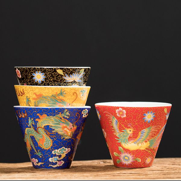 Handcrafted enamel dragon tea cup and phoenix tea master bowl set, exquisite ceramic teaware for pu'er tea, elegant drinkware and home decor gift