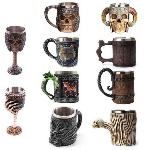 Handcrafted retro beer and espresso cup set featuring a skull design, perfect for tea, whiskey, or pub bar decoration
