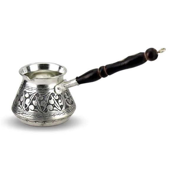 Handmade 1mm thick copper coffee pot with wooden handle, engraved in English and Arabic, suitable for three people