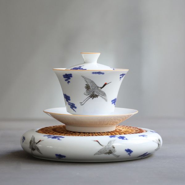 Handpainted blue and white porcelain gaiwan tea set with ceramic tureen and bowl, crafted by hand for home decor