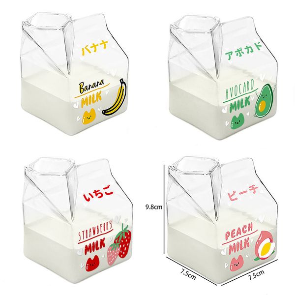 Heat-resistant glass creamer box featuring a cute cartoon mini square milk carton design, 380ml capacity for water or beverages