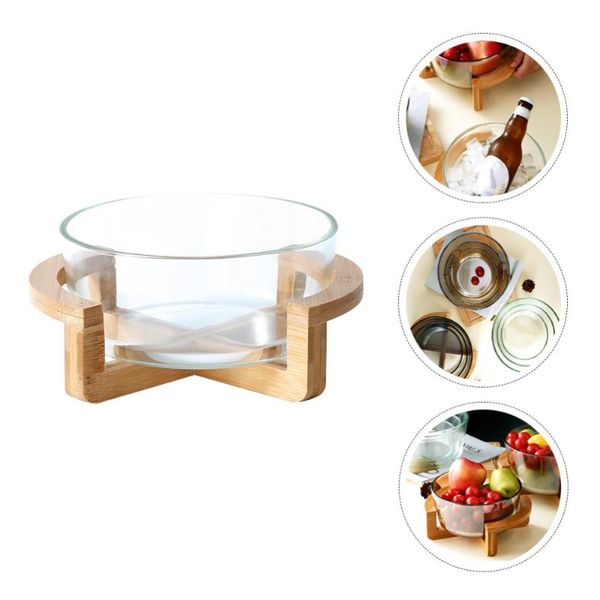 Heat-resistant glass salad bowl set with wooden serving base