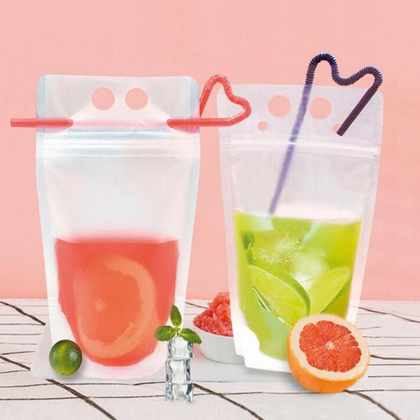 Heat-resistant, resealable stand-up pouches with straws and holders for hot beverages like juice and coffee