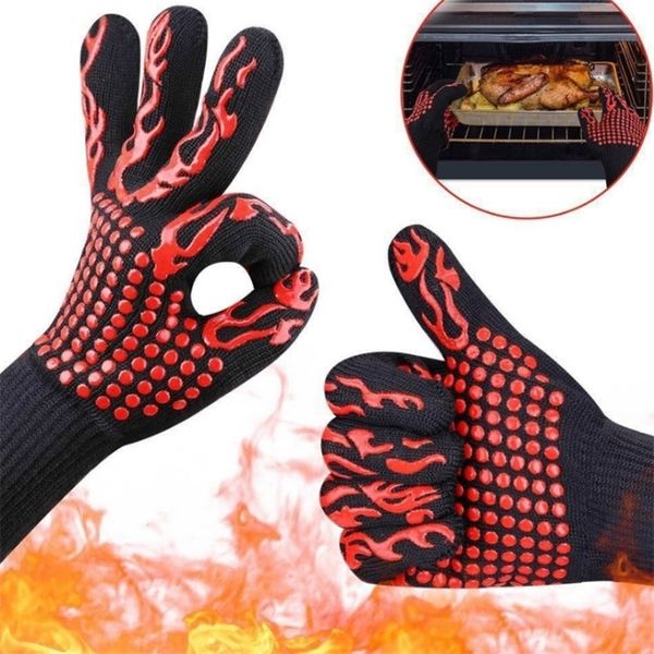 Heat-resistant silicone BBQ gloves with non-slip grip for safe cooking, baking, and grilling
