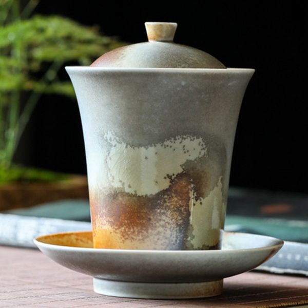 High-quality kiln-fired Sancai tea bowl set, large retro-style three-piece tea tureen with premium firewood finish
