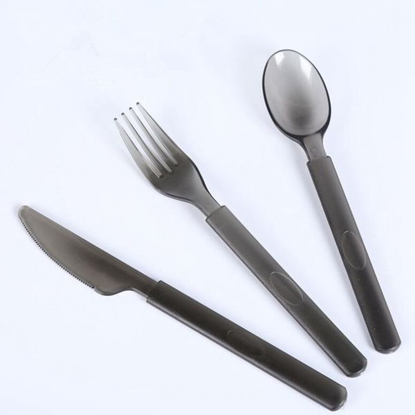 high-quality transparent black food-safe plastic spoons, heavy-duty cutlery set, outdoor dining utensils