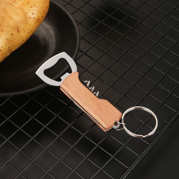 Home Openers Wooden Handle Bottle Opener Keychain Knife Pulltap Double Hinged Corkscrew Stainless Steel Key Ring Opening Tools Bar ZC1233