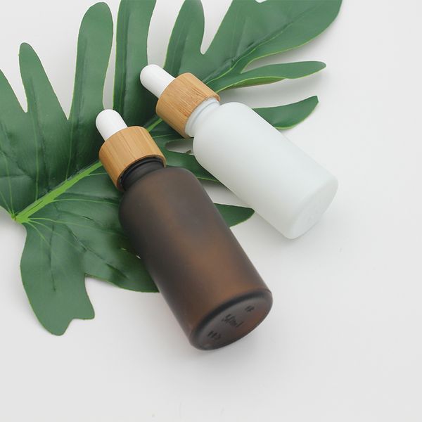 Hot 15ml 30ml 50ml frosted amber white glass dropper bottles with bamboo caps, 1oz essential oil containers