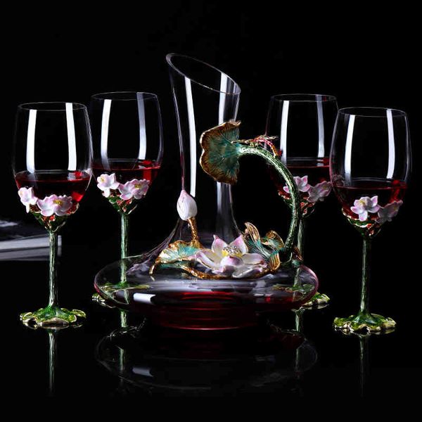 Household enamel red wine decanter set with matching glasses, elegant lotus wine glasses, champagne flutes, and goblets perfect for wedding gifts