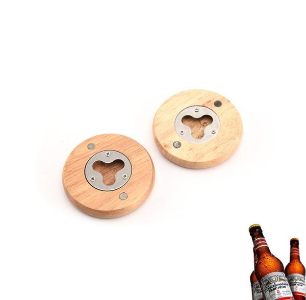 Innovative magnetic bottle opener with a wooden round design, doubles as a fridge magnet and coaster