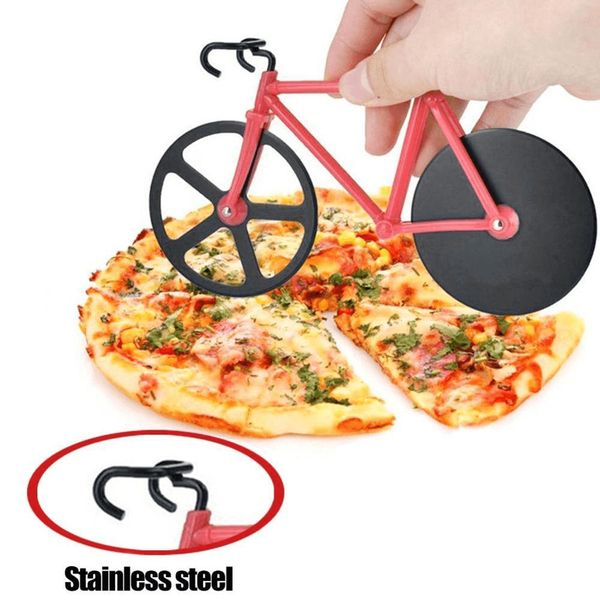 Innovative stainless steel pizza cutter shaped like a bicycle with two wheels