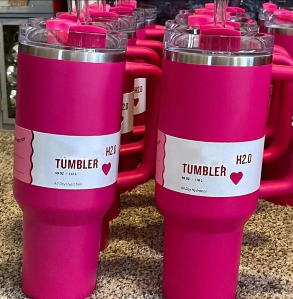 Insulated 40oz tumbler with handle, pink leopard lids and straw, stainless steel coffee cup and water bottle