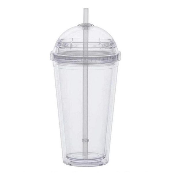 Insulated tumbler with double walls, clear plastic cup featuring a dome lid and straws