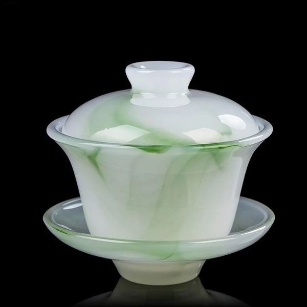Jade green gaiwan cup for tea, crafted with ink painting design, perfect for serving and decorating