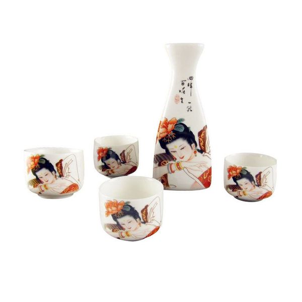 Japanese porcelain sake set featuring traditional Chinese paintings of imperial concubines, including bottle and cups