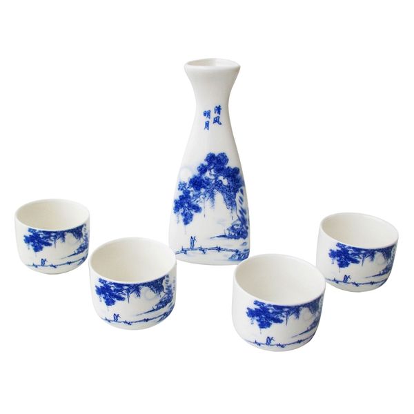 Japanese porcelain sake set with blue and white Chinese landscape design, includes 1 bottle and 4 cups