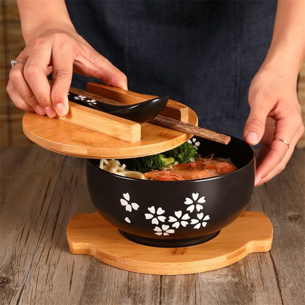 Japanese-style ceramic rice noodle bowl set with lid, spoon, chopsticks for dining and kitchen use