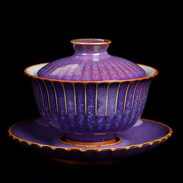 Jun kiln Sancai Gaiwan transformed into a tea bowl with Jun porcelain, featuring purple, green, and red hues