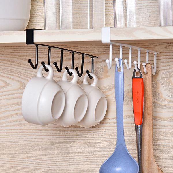 Kitchen storage rack with 6 hooks for hanging cups, mugs, and clothes in wardrobe or closet
