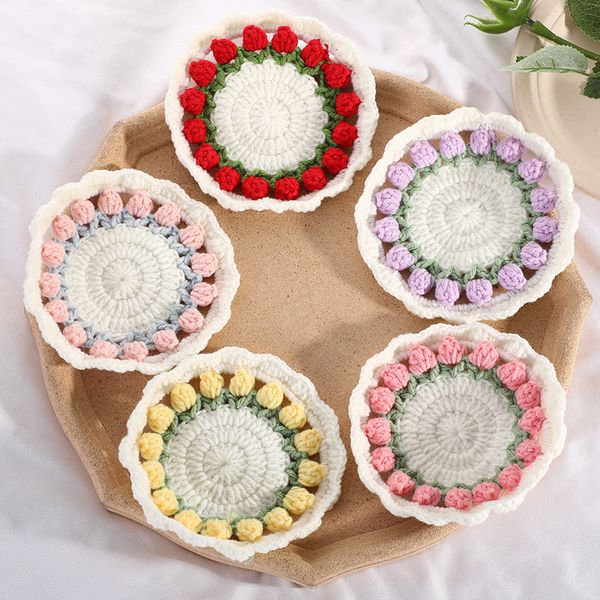 Knitted floral coasters, heat-resistant fabric placemats for table decor and kitchen use