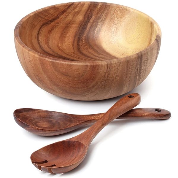 Large 9.4-inch acacia wooden salad bowl with spoon, perfect for serving fruit or salads in the kitchen