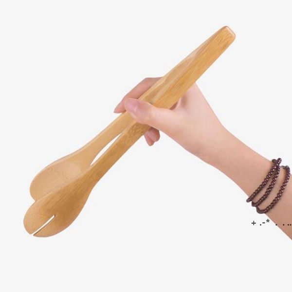 Large bamboo food toaster tongs for gripping bread, salad, cakes, and snacks during BBQ or cooking