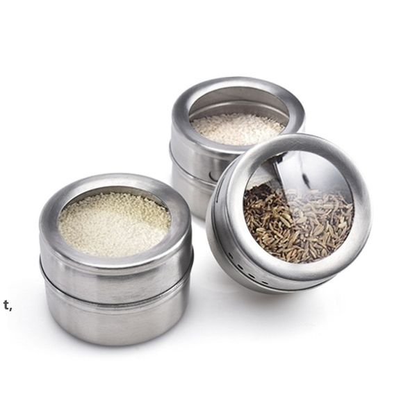 Magnetic stainless steel spice jars with visible seasoning for kitchen use, salt and pepper shaker bottles model CCD13434