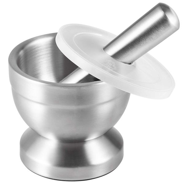 Manual coffee grinders made of stainless steel, featuring a mortar and pestle design for grinding spices and making pesto, with a lid for crushing abrasive materials, a non-slip base, and comfortab...