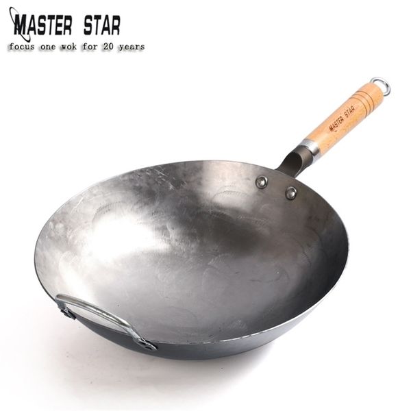 Master Star Traditional Chinese Handcrafted Large Iron Wok with Wooden Handle, Non-Stick Cooking Pan for Gas Stoves, Durable Kitchen Cookware Model T200524