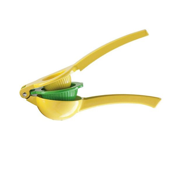 Metal hand-held juicer with dual bowls for squeezing lemons, limes, and oranges in the kitchen