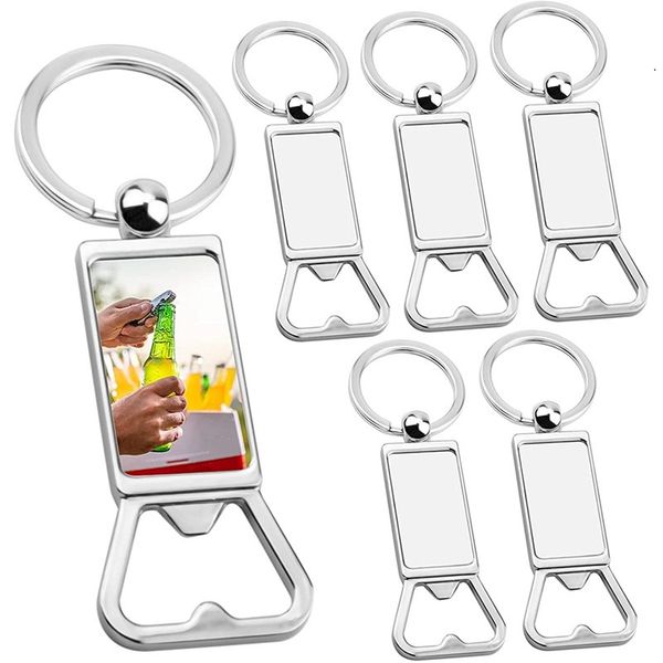 Metal keychain bottle opener with sublimation-ready aluminum surface for heat transfer designs, ideal for kitchen tools and corkscrew accessories