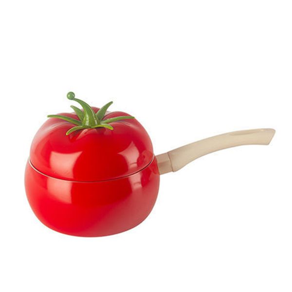 Mini 16cm kids' aluminum milk pot with non-stick coating, fruit sauce pan, tomato-shaped design, smokeless household cooking tool