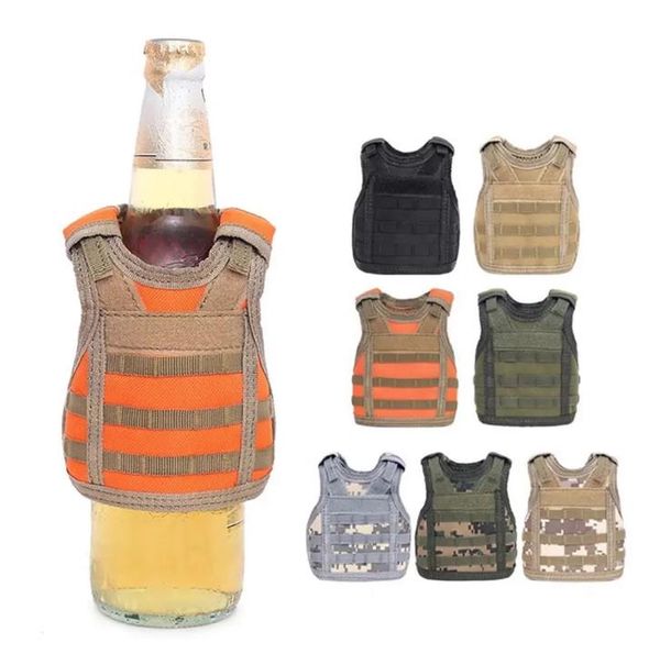 Miniature military tactical handle for premium beer MOLLE vest with adjustable straps, featuring a water/wine bottle cover and beverage cooler, ideal for hunting vests