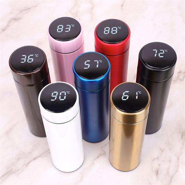 Modern smart mug with temperature display, vacuum insulation, stainless steel construction, LCD touch screen, and stylish design