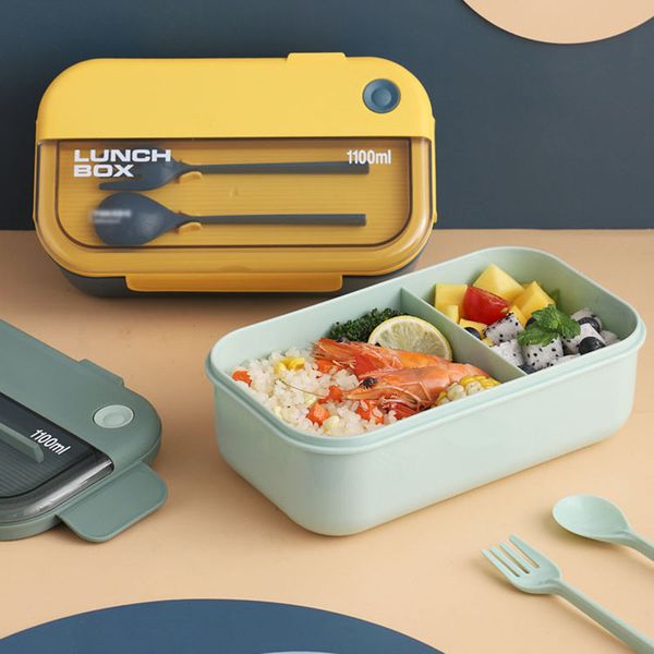 Morandi-style rectangular lunch box with multiple compartments, spoon and fork included, microwave-safe and portable for students and office workers